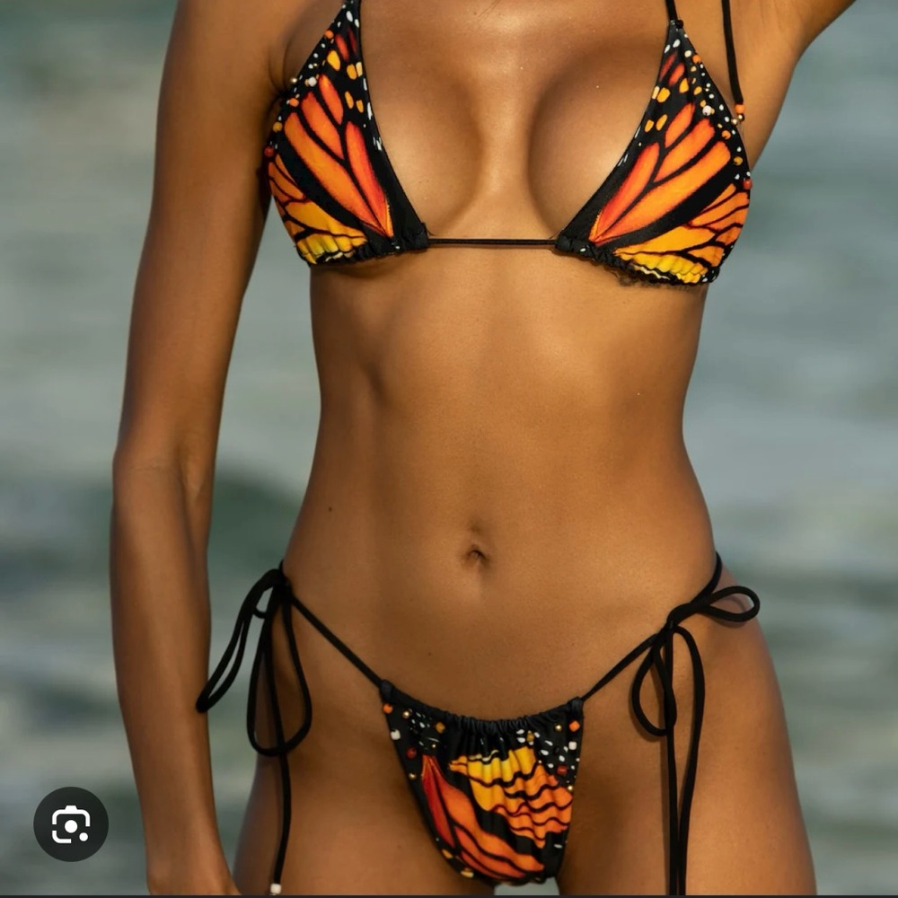 Butterfly-Print Orange Tie Bikini Top & Bottom - Women's Swim